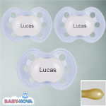 Pakke med 3 stk. Baby Nova sutter med navn (Lysebl�) Symmetriske Latex fra 6 md.